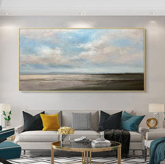 Abstract Textured Painting Landscape Handmade On Canvas Wall Art Calm Night Reeds Spatula Classic Style Blue Brown Wall Decor