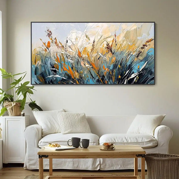 Abstract Textured Painting Landscape Handmade On Canvas Wall Art Calm Night Reeds Spatula Classic Style Blue Brown Wall Decor