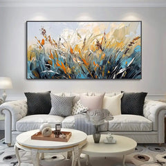 Abstract Textured Painting Landscape Handmade On Canvas Wall Art Calm Night Reeds Spatula Classic Style Blue Brown Wall Decor
