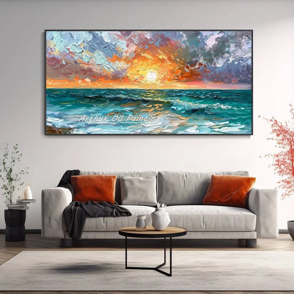 Arthyx,Large Abstract Sunrise Seascape Oil Painting on Canvas Handmade Modern Art Poster,Wall Picture,Room Decoration,Home Decor