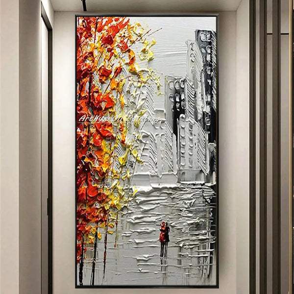 Arthyx Handmade Thick Texture Abstract City Landscape Oil Paintings On Canvas,Modern Wall Art,Picture For Living Room,Home Decor