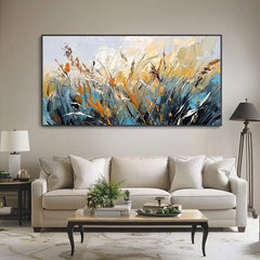 Abstract Textured Painting Landscape Handmade On Canvas Wall Art Calm Night Reeds Spatula Classic Style Blue Brown Wall Decor