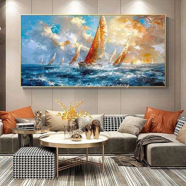 Mintura,100% Handpainted Knife Sailboat Landscape Oil Painting,Modern Home Decor,Wall Art Picture,Abstract Texture Canvas Poster