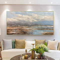 Abstract Textured Painting Landscape Handmade On Canvas Wall Art Calm Night Reeds Spatula Classic Style Blue Brown Wall Decor