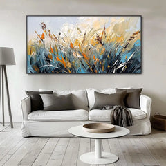 Abstract Textured Painting Landscape Handmade On Canvas Wall Art Calm Night Reeds Spatula Classic Style Blue Brown Wall Decor