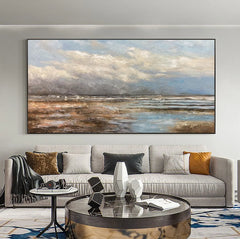 Abstract Textured Painting Landscape Handmade On Canvas Wall Art Calm Night Reeds Spatula Classic Style Blue Brown Wall Decor