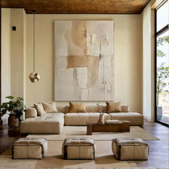 3D Beige Large Canvas Abstract Handmade Oil Painting Brown Simple Wall Art Textured Geometric Art Wall Decor Living Room Decor