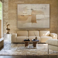 3D Beige Large Canvas Abstract Handmade Oil Painting Brown Simple Wall Art Textured Geometric Art Wall Decor Living Room Decor